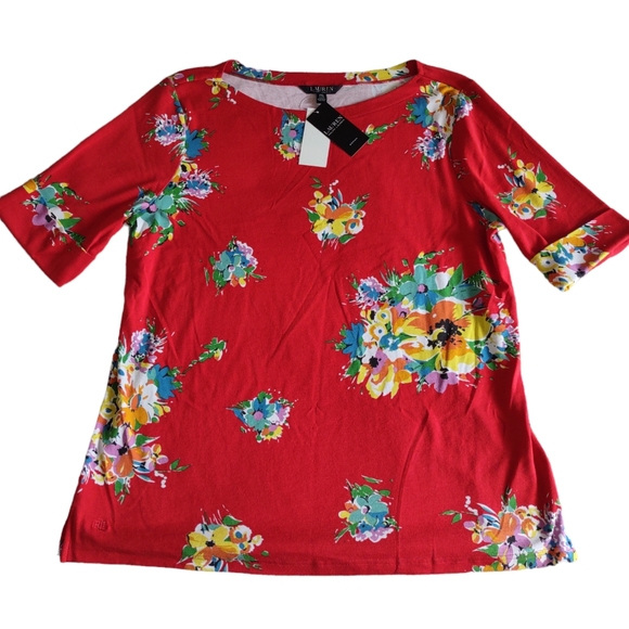 NWT Lauren Ralph Lauren 2X Black Label Red Floral Top - Picture 1 of 14